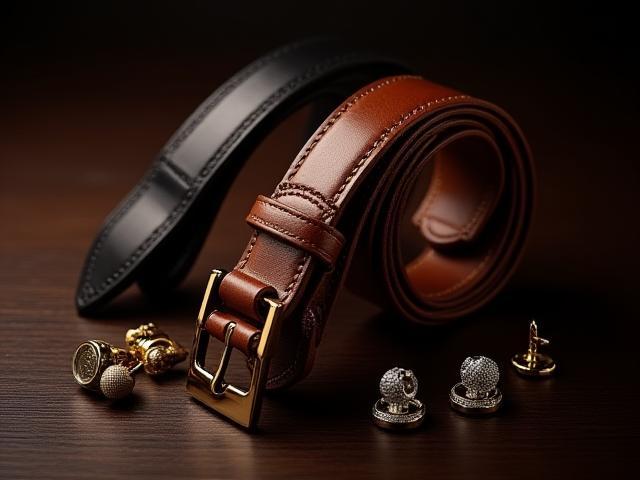 Luxury men's accessories including leather belts and cufflinks