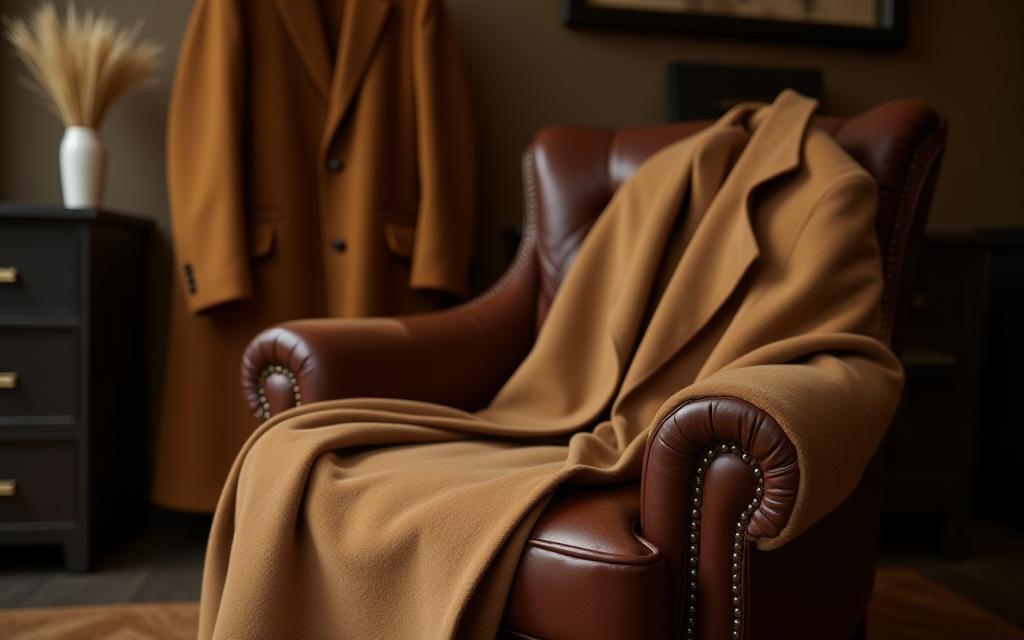 Classic camel cashmere coat draped over a chair
