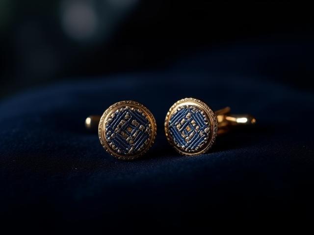 Elegant embroidered cufflinks on dark velvet background