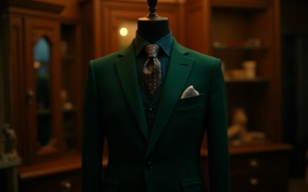 Limited Edition Dark Green Bespoke Suit displayed on mannequin
